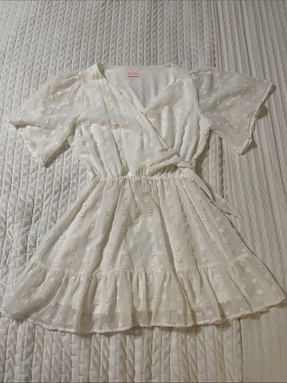 Pink Lily Cream Textured Floral Wrap Dress